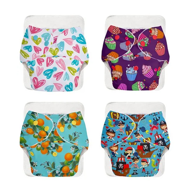 BASIC Assorted Pack of 4 Diapers with 4 Dry feel Inserts - Freesize cloth diapers | Reusable cloth diapers for babies - Fits babies from 0-3 years - 5-17kgs | Option 6, 7 kg to 17 kg