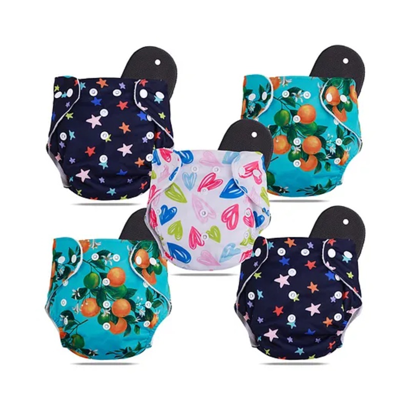 Devico Leakage Proof Reusable Cloth Diaper With 5 Layer High absorbent Pad Pack of 5- Black