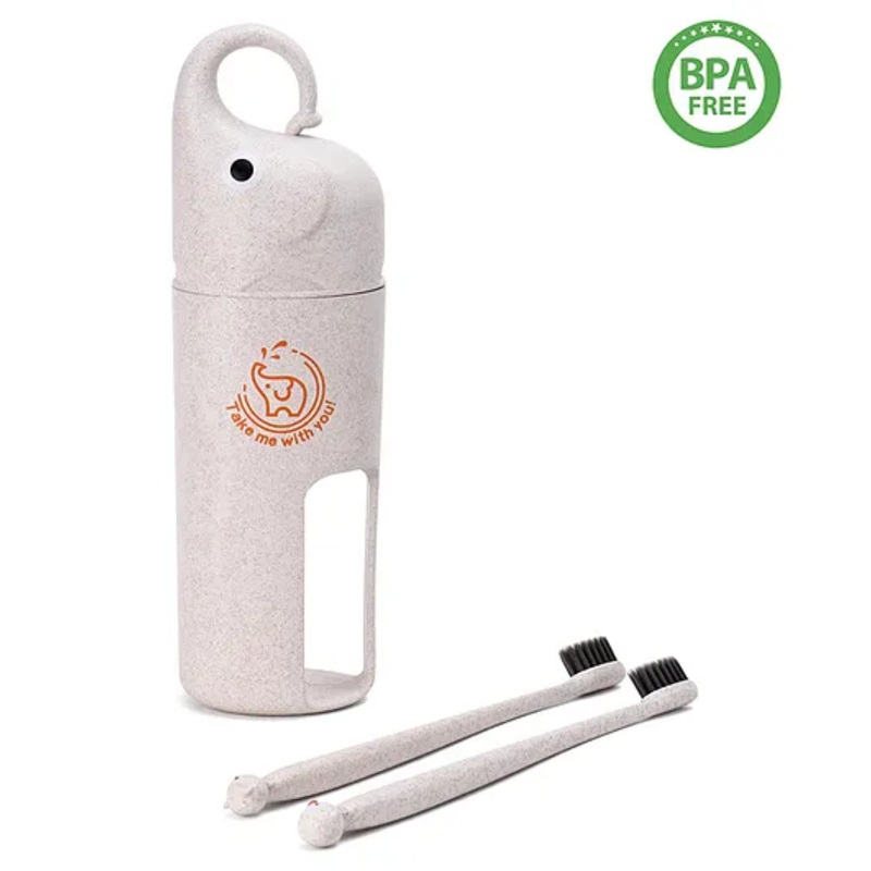 Elephant Design Set Of 2 Toothbrush With Holder - Cream