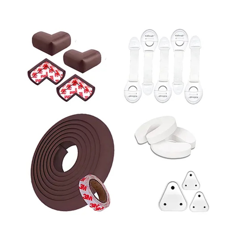KidDough Baby Proofing Safety Kit 5 meters Safety Strip 4 Pre-Taped Corner Guards for Sharp Edges and Corners 5 Safety Locks for Cabinets Almirahs 3 Electric Sockets Guards 2 Random Door Stoppers - Brown