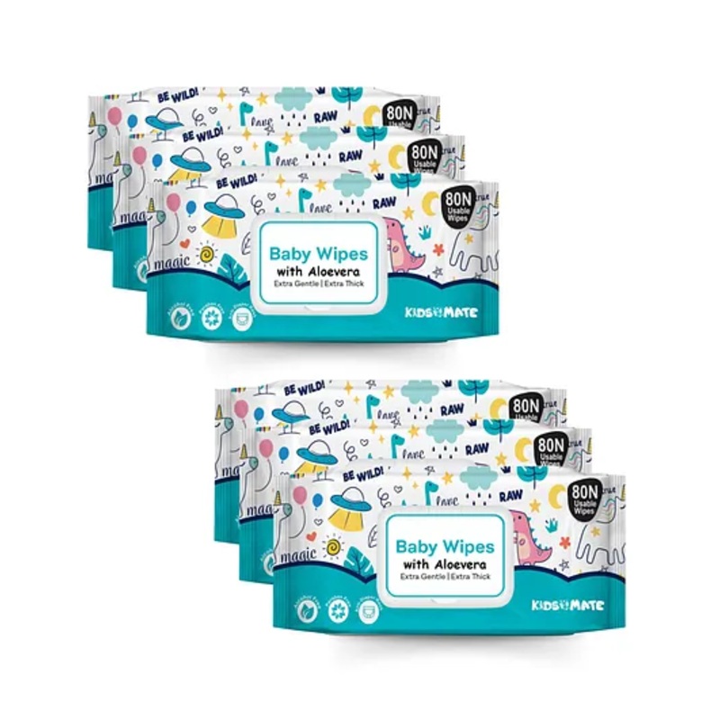 Kidsmate Gentle Care Baby Wipes | Soft & Thick Wet Wipes for Babies | Aloe Vera Moisturizing Wipes for Delicate Skin | Prevents Rashes & Redness | Alcohol & Soap-Free (80 Count (Pack of 6)