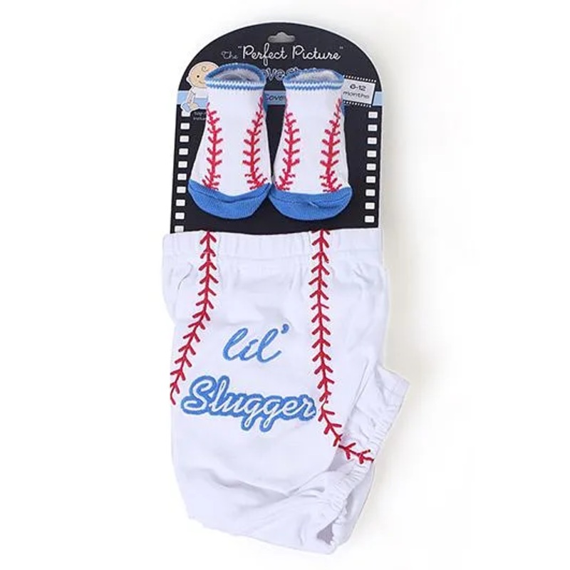 Lovespun Slugger Print Diaper Cover & Socks - White