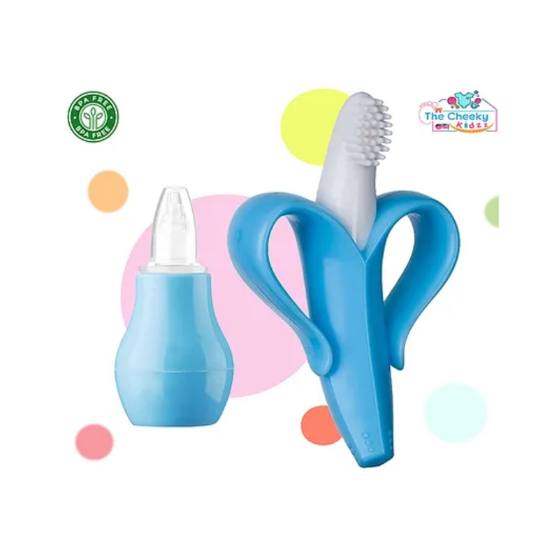 The Cheeky Kidzz Baby Nasal Nose Aspirator Vacuum Nose Suction Sucker Cleaning Squeezable Pump Tool With Soft Bristle Banana Teething Teether(BLUE)