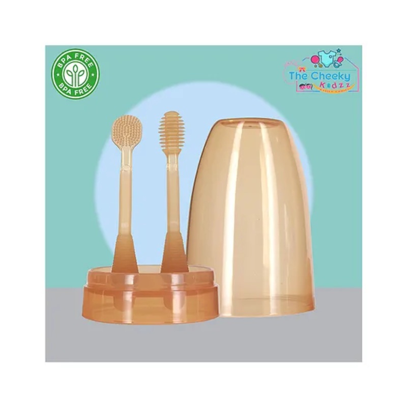 The Cheeky Kidzz Baby Toothbrush 3 In 1 BPA Free Silicone Toothbrush Set Includes Tongue Cleaner Scrubber & Front Massager Case(ORANGE)