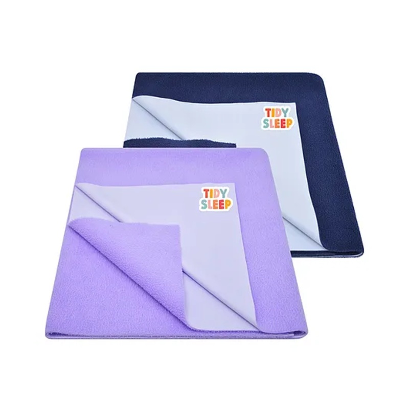 TIDY SLEEP  Waterproof Baby Bed Protector Dry Sheet For New Born Babies- Midnight Blue & Lilac  Pack of 2 (Small)  L 70 x B 50 cm