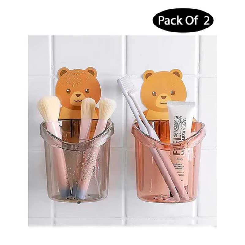Baby Miniature Toothbrush Holder Shelf Wall Mounted with Self Adhesive Teddy Bear Magic Sticker - Pack of 2