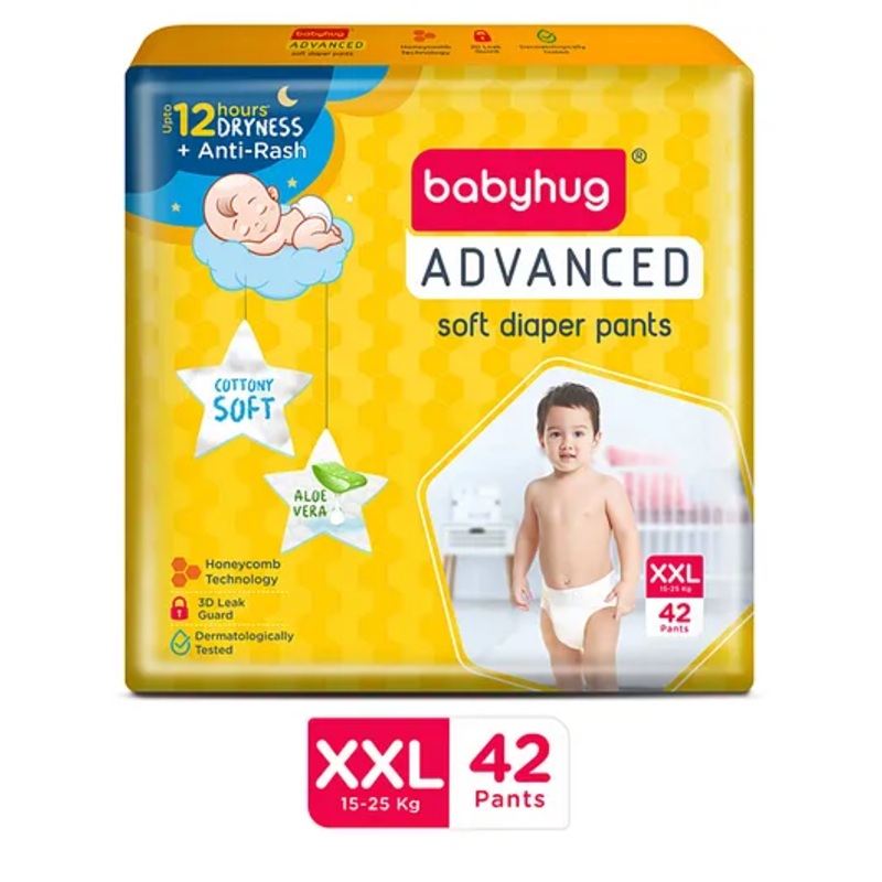 Babyhug Advanced Pant Style Diapers XXL - 42 Pieces, Honeycomb Technology, Cottony Soft Diaper with 3D Leak Guard, Latex & Alcohol Free, Anti-rash & Gentle