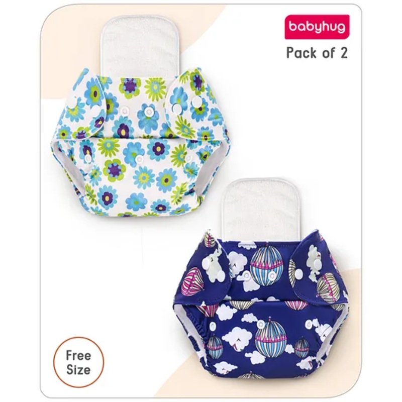 Babyhug Free Size Reusable Cloth Diaper with Inserts Hot Air Balloon & Floral Prints Pack of 2 - Multicolour