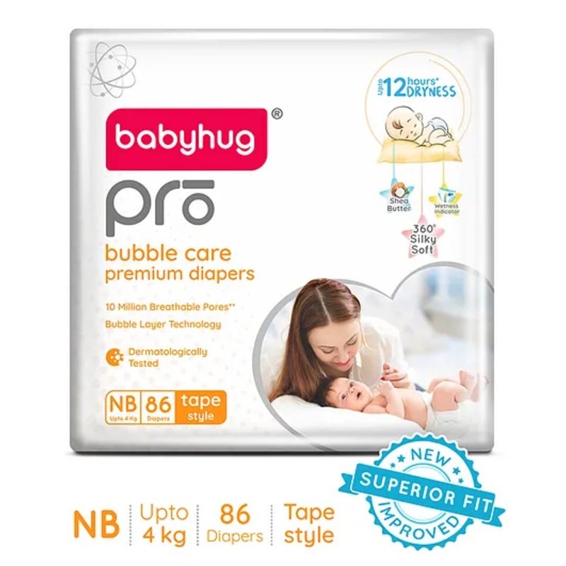 Babyhug Pro Bubble Care Premium Tape Style Diaper Newborn (NB) Size - 86 Pieces - New & Improved Superior Fit