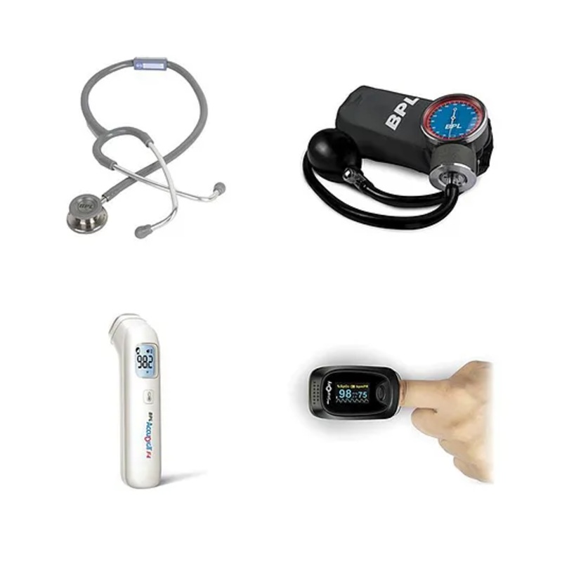 BPL Medical Technologies Adult Health Combo - Aneroid Sphygmomanometer + ST-06 Stainless Steel Dual Premium Chest Piece Stethoscope + Smart Oxy Oximeter + Accu Digit Infrared F4 Thermometer