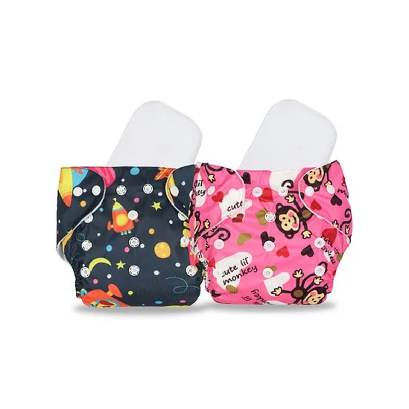 Chinmay Kids Cloth Diaper Cute Prints Freesize Reusable Washable Adjustable Snap Buttons Cloth Diaper For Babies With Wet Free Insert Pads Leak Proof & Dry Feel Pack of 2 - Dark Blue & Pink