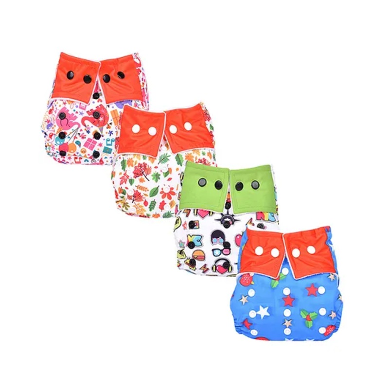Mom's Home Reusable Pocket Diapers With 4 Inserts Pack of 4 - Multicolor