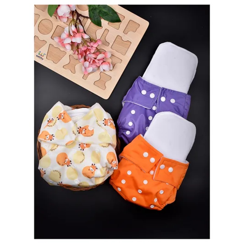 Moms Home Baby Reusable Cotton Pocket Diapers With 3 Inserts Pack of 3 - Multicolour