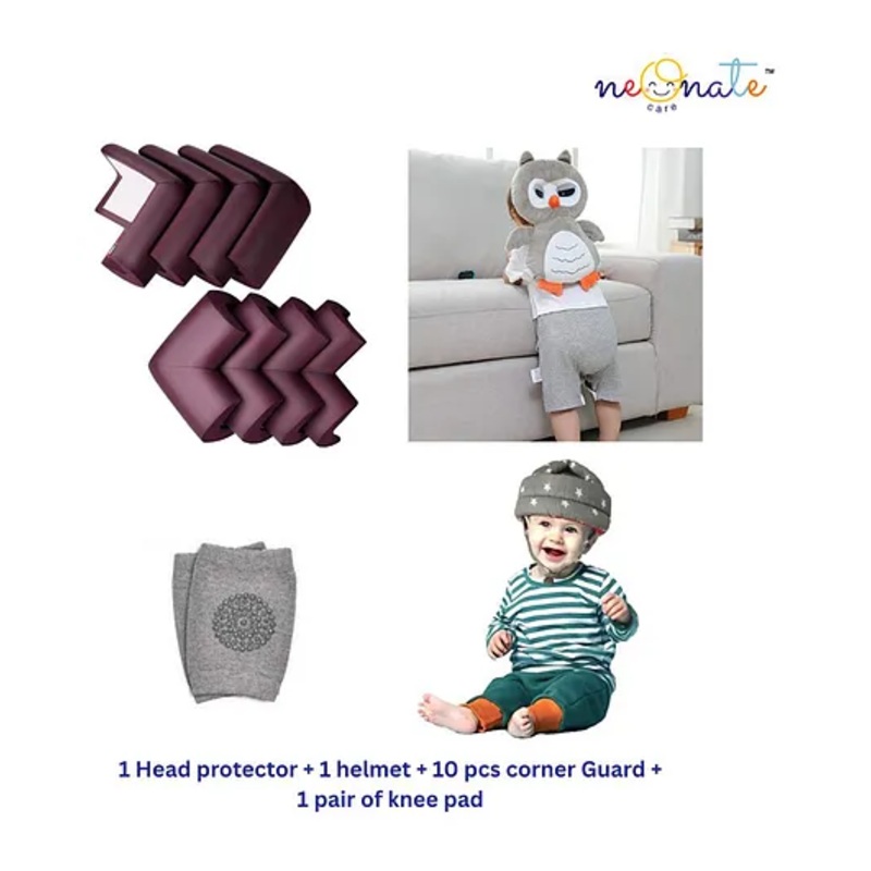 NeonateCare Baby Helmet(Grey star helmet) Baby Head Protection Cushion Backpack(Grey head protector)With Knee pad(multicolor) and 10 pcs corner guards (pack of 4 utility items)
