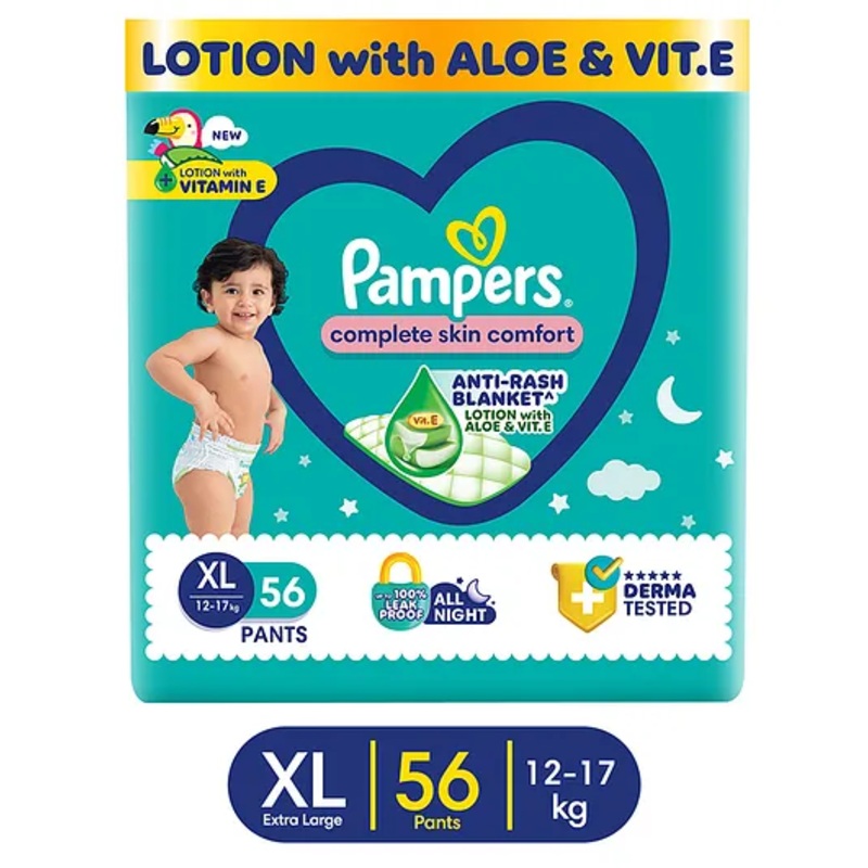 Pampers Complete Skin Comfort Pants, Anti-rash blanket, Lotion with Vitamin E & Aloe Vera,  Extra Large size baby Diapers, (XL) 56 Count, 12-17 kg