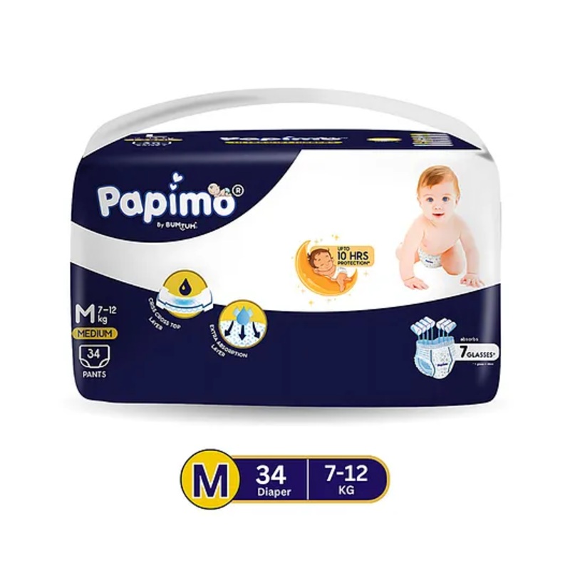 Papimo Baby Diaper Pants  | 12 Hours Absorption with Criss-Cross Technology | Cottony Soft & Breathable | Aloe Vera Infused | Wetness Indicator | Medium (7-10 KG) | Pack of 1 (34 Diapers)