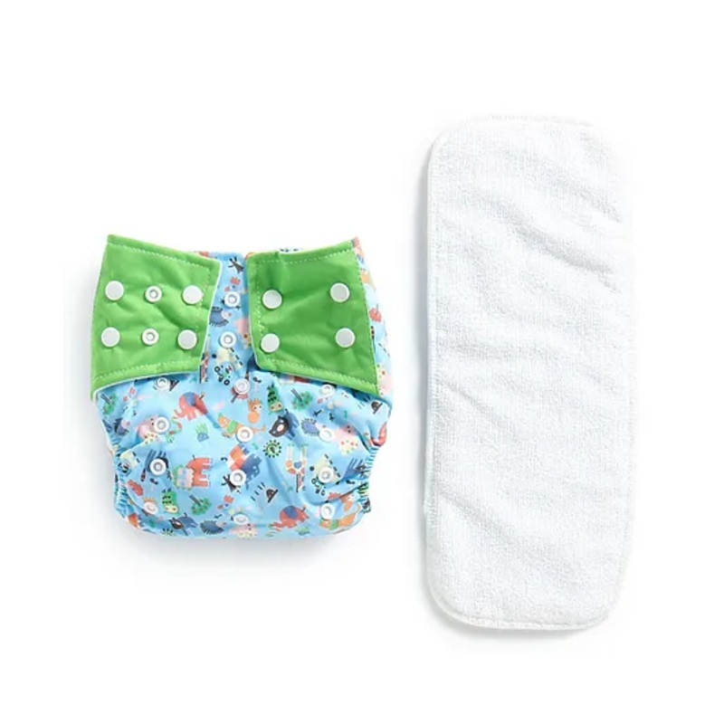 POLKA TOTS Reusable & Washable Cloth Diaper with 1 Diaper Liner and Size Adjustable Snap Buttons - Blue&Green