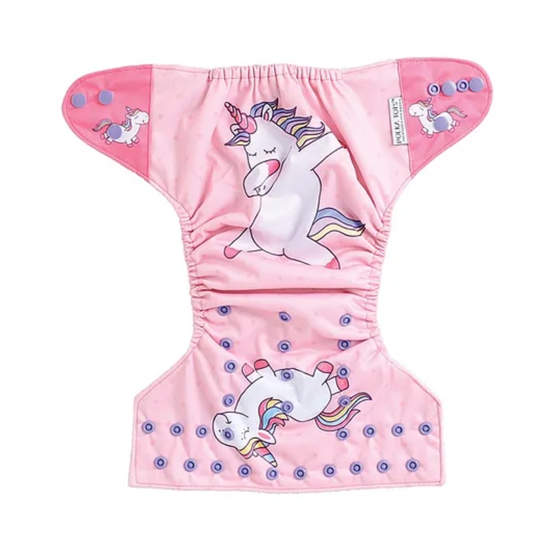 Polka Tots Reusable Waterproof Fleece Cloth Diaper For 2 Months - 2 Years With 1 Liner 3 Layers  Adjustable Snap Buttons Free Size (Pink Unicorn Print)