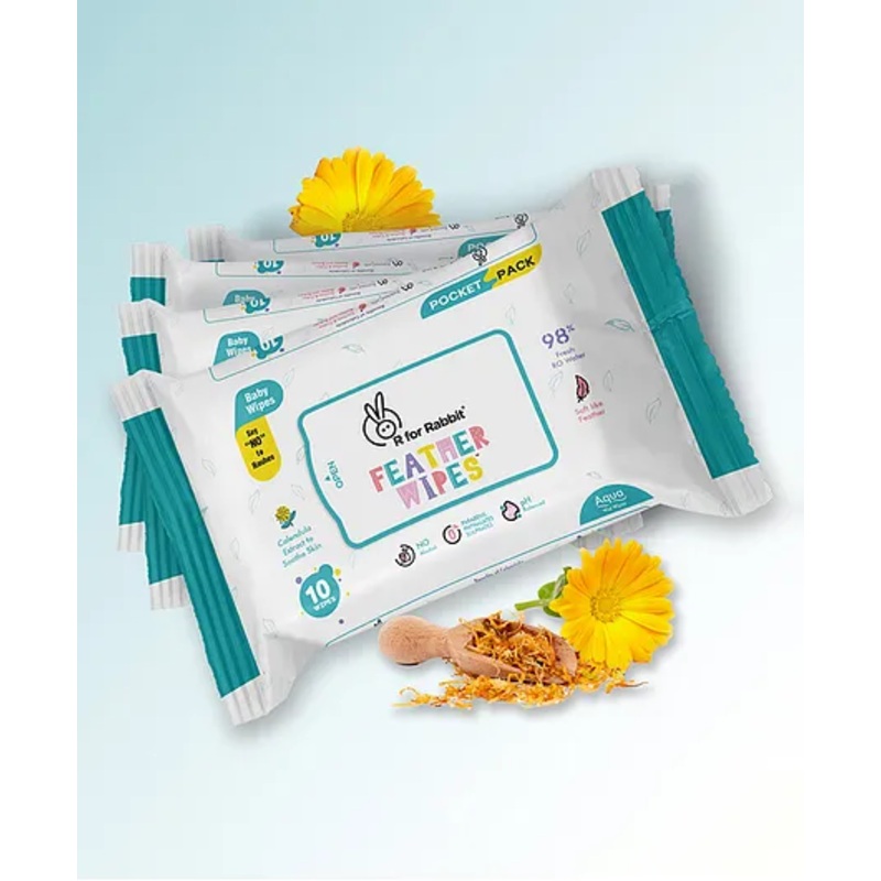 R for Rabbit Feather Aqua Wipes with Calendula Extract 10 Pieces Each  - Pack of 4