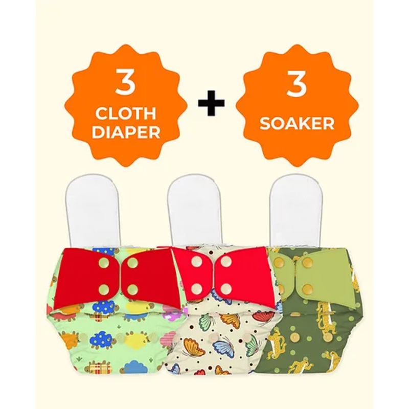 Snugkins Freesize Reusable Waterproof & Washable 3 Pocket Diapers & 3 Soakers - Multicolor
