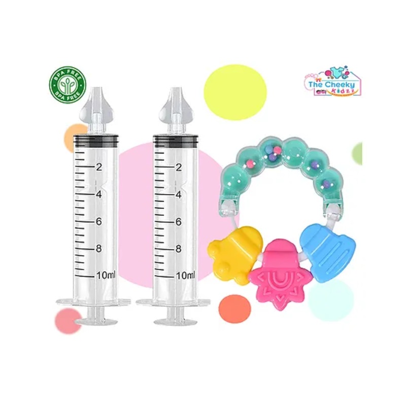 The Cheeky Kidzz Baby 2 Pressure Nasal Syringe Nose Suction With 1 Soft Silicone Ring Shape Rattle Teething Teether BPA Free (MIX)