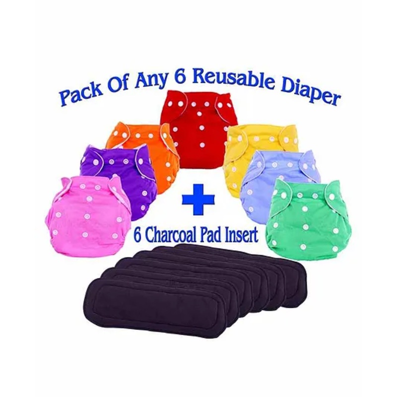 The Little Lookers Adjustable Cotton Diaper With Charcoal Pad Insert Pack Of 6 ( Colour May Vary)