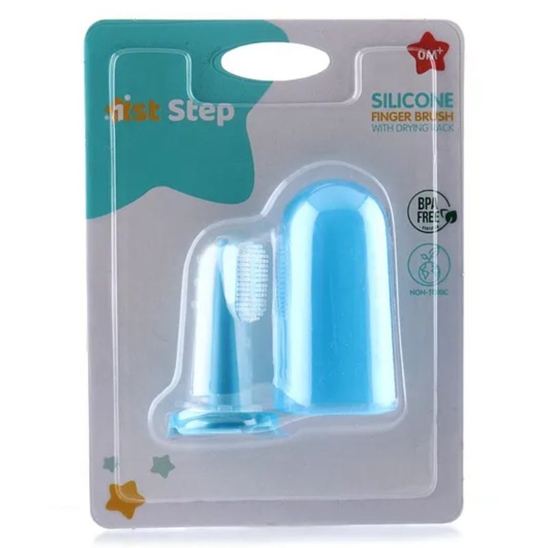 1st Step Silicone Finger Brush With Drying Rack - Blue