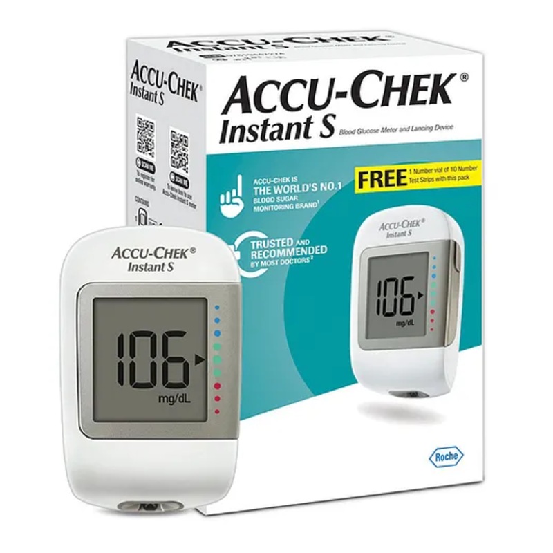 Accu-Chek Instant S Blood Glucose Meter | Glucometer Kit with FREE 10 Strips + 10 Lancets + 1 Lancing Device | For Accurate Blood Sugar Testing