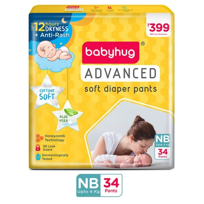 Babyhug Advanced Pant Style Diaper New Born (NB) - 34 Pieces, Honeycomb Technology, Cottony Soft Diaper with 3D Leak Guard, Latex & Alcohol Free, Anti-rash & Gentle