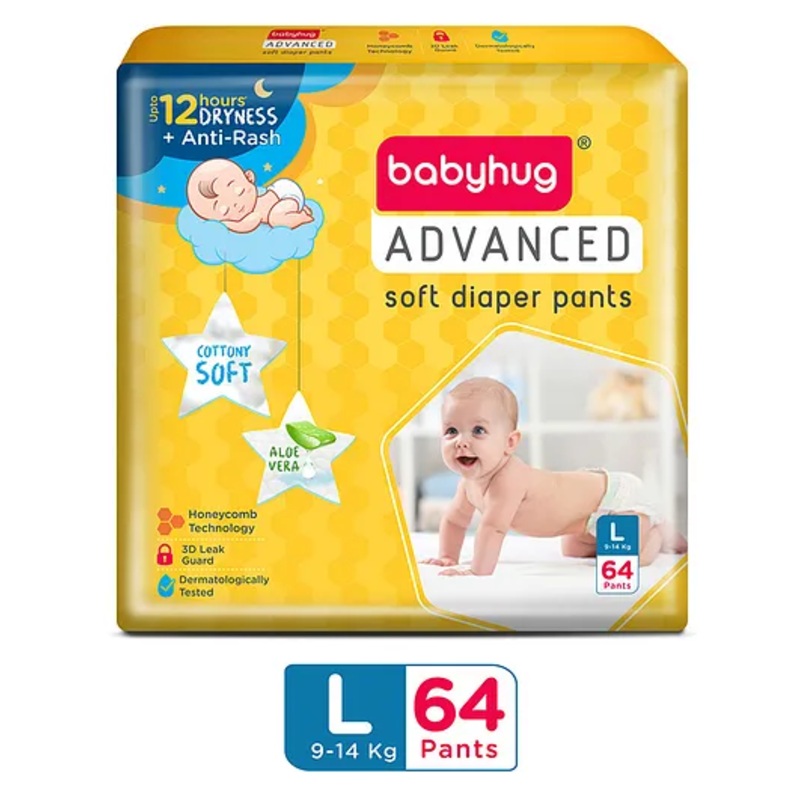 Babyhug Advanced Pant Style Diapers Large (L) Size - 64 Pieces, Honeycomb Technology, Cottony Soft Diaper with 3D Leak Guard, Latex & Alcohol Free, Anti-rash & Gentle