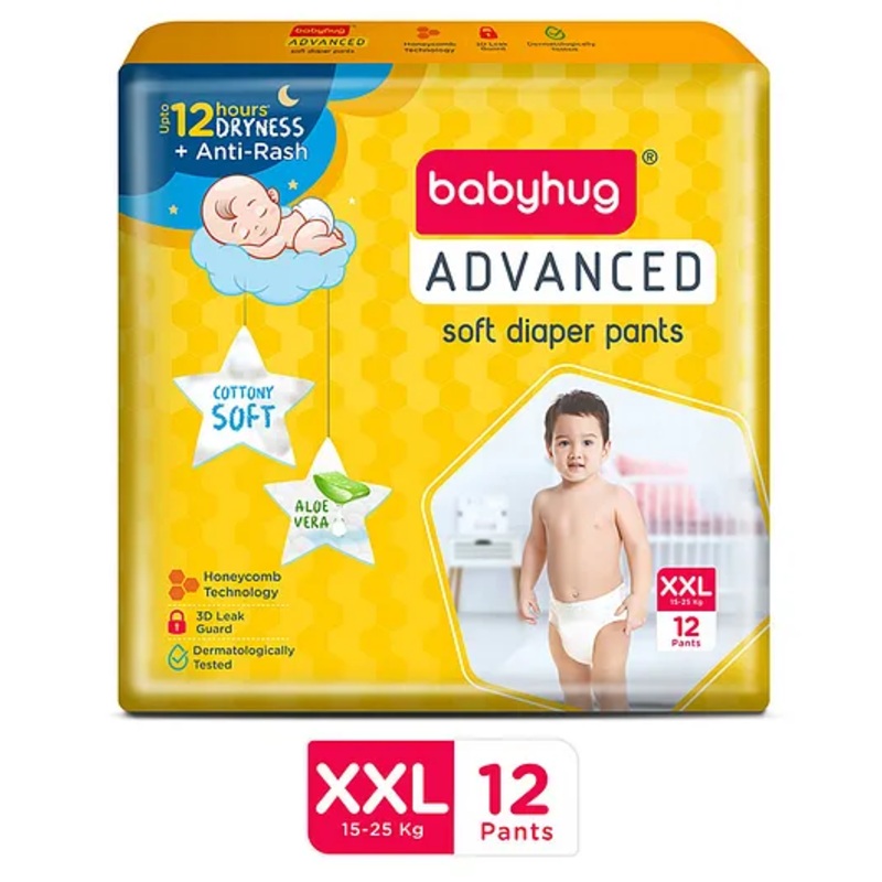Babyhug Advanced Pant Style Diapers XXL - 12 Pieces, Honeycomb Technology, Cottony Soft Diaper with 3D Leak Guard, Latex & Alcohol Free, Anti-rash & Gentle
