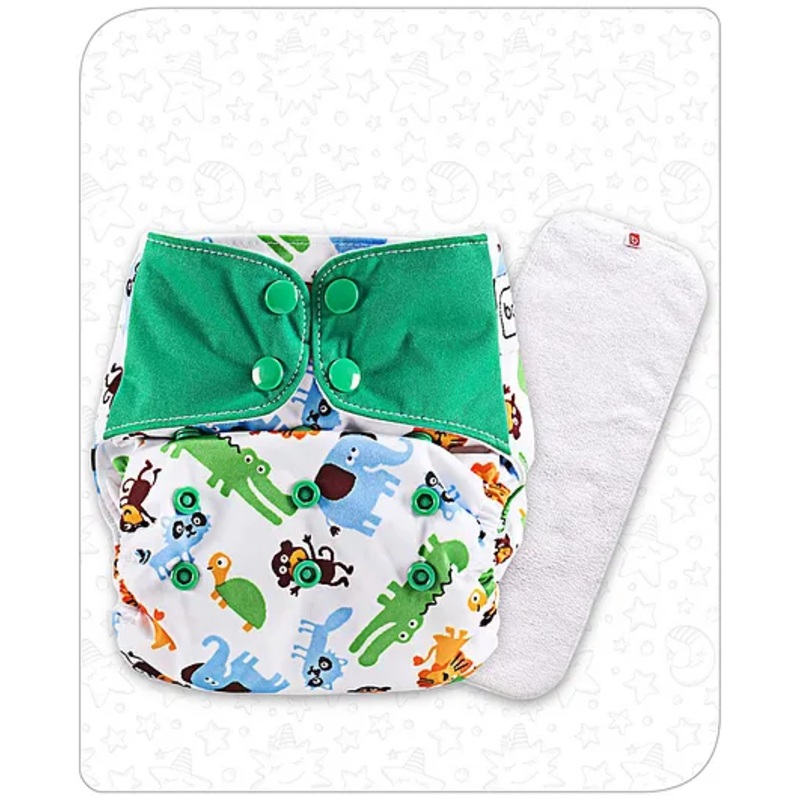 Babyhug Free Size Reusable Contrast Flap Closure Cloth Nappies With Insert Animal Print - White Green