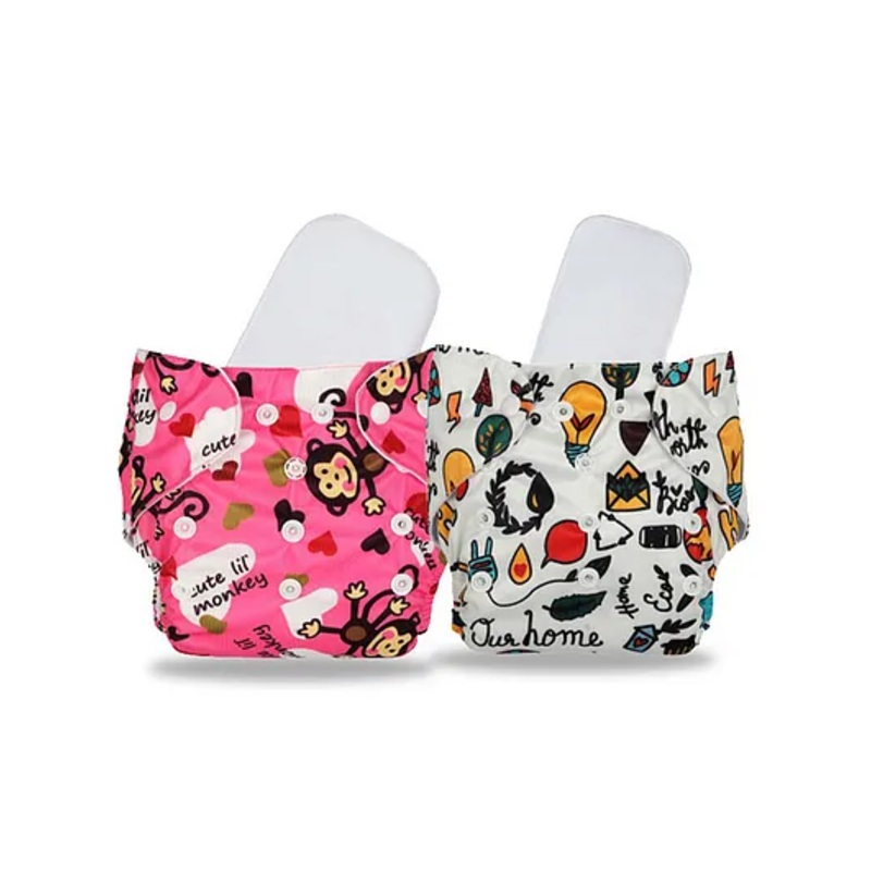 Chinmay Cute Prints Freesize, Reusable Washable Adjustable Snap Buttons Cloth Diaper with Wet Free Insert Pads Pack of 2 (Color & print May Vary)