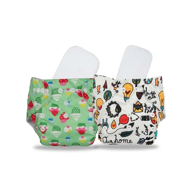 Chinmay Kids  Freesize Reusable Washable Adjustable Snap Buttons Cloth Diaper For Babies With Wet Free Insert Pads Leak Proof & Dry Feel Pack of 2- White Green