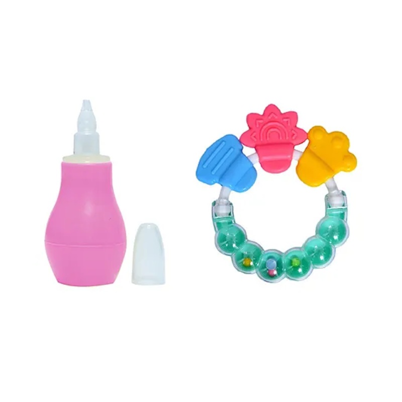 Enorme Baby Silicone Pink Nose Cleaner Nasal Aspirator and Round Shape BPA Free Silicone Bell Teether Ring for Babies
