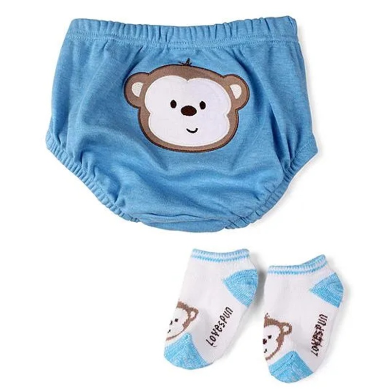 Lovespun Monkey Print Diaper Pant & Socks - Blue