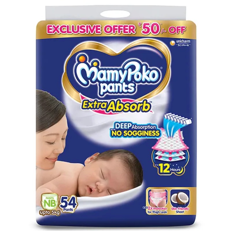 MamyPoko Pants Extra Absorb Baby Diapers, New Born (NB size) | 0-5 kg | 54 Count |Deep Sleep Diapers| Soft gentle fit |Deep Absorbent Crisscross | skin friendly with coconut oil |