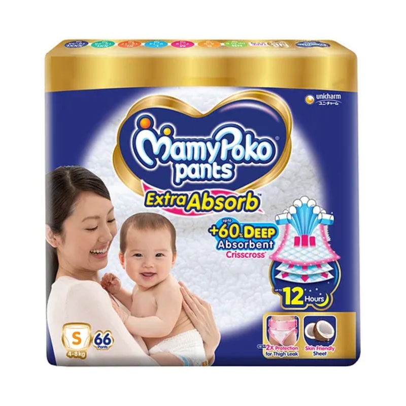 MamyPoko Pants Extra Absorb Baby Diapers, Small (S size) | 4-8 kg | 66 Count |Deep Sleep Diapers| Soft gentle fit |Deep Absorbent Crisscross | skin friendly with coconut oil |