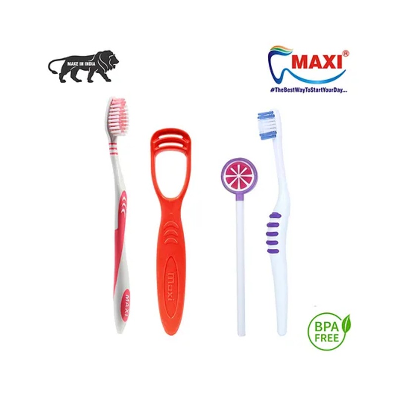 Maxi Mommy And Baby Oval Grip Toothbrush & Tongue Cleaner Oral Care Combo - Multicolor