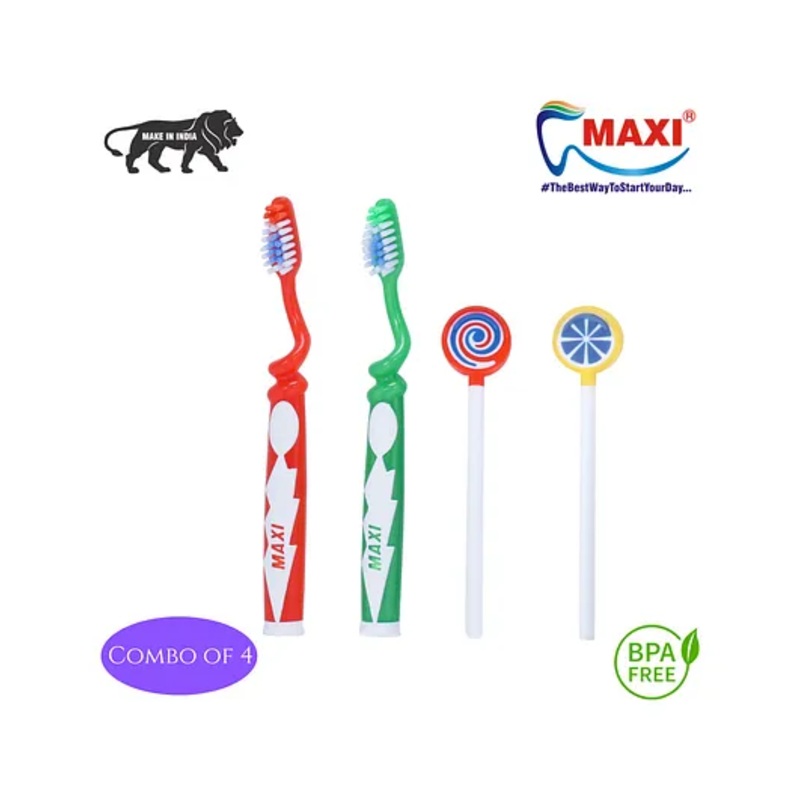 MAXI Oral Care Junior Twisty Junior Two Toothbrush With Two Lollipop Tongue Cleaner - Red & Green