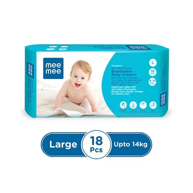 Mee Mee Premium Breathable Baby Diapers Large - 18 pieces