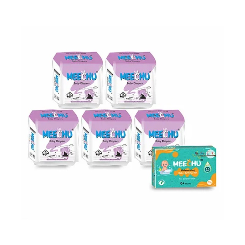 Meechu Baby Diapers (New Born) Combo Pack of 5 With One Baby Bathing Bar Free - 25 Pieces