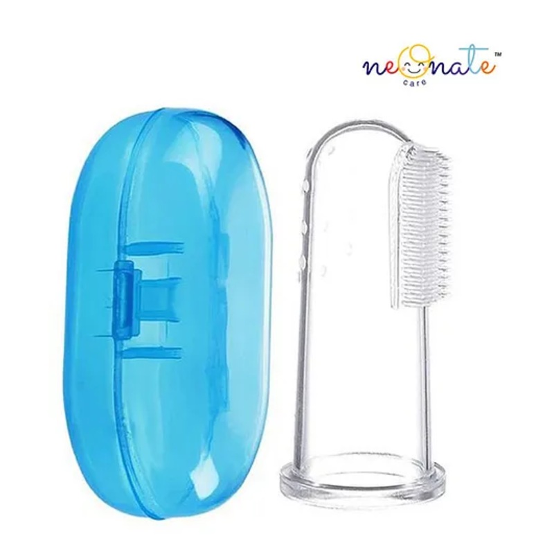 Neonate Care Baby Silicone Soft Bristles Finger Brush with Tongue Cleaner Back and Travel Protective Case - Blue