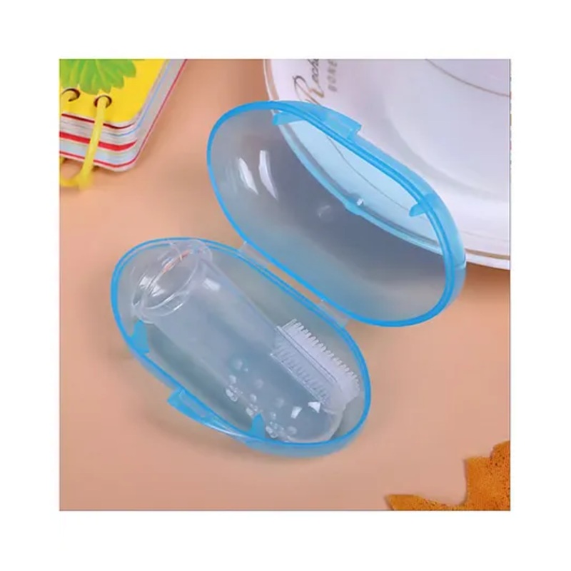 Neonate Care Baby Silicone Soft Bristles Finger Tooth Brush With Tongue Cleaner Back And Travel Protective Case Soft Baby Toothbrush For Babies Oral Hygienic Care - Blue