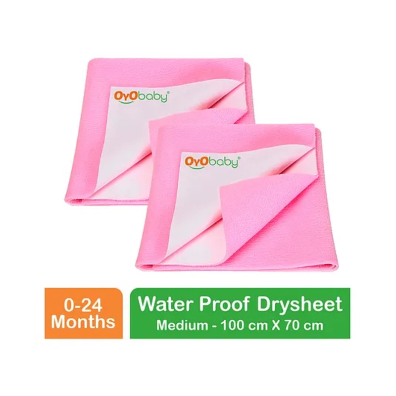 OYO BABY Anti-Piling Fleece Extra Absorbent Instant Dry Sheet, Baby Bed Protector, Waterproof Sheet, Medium (100cm x 70cm), Pack of 2 - Pink