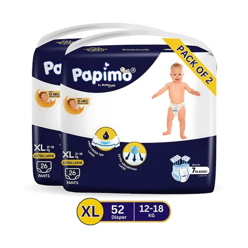 Papimo Baby Diaper Pants  | 12 Hours Absorption with Criss-Cross Technology | Cottony Soft & Breathable | Aloe Vera Infused | Wetness Indicator | Extra Large (10-18 KG) | Pack of 2 (52 Diapers)
