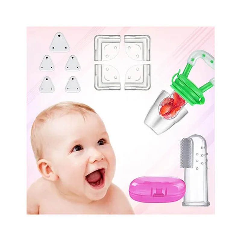 Safe-O-Kid Baby Care & Safety Combo  1 Finger Brush, 1 Fruit Nibbler, 4 Smiley Corner Guards, 5 Socket Covers-Assorted