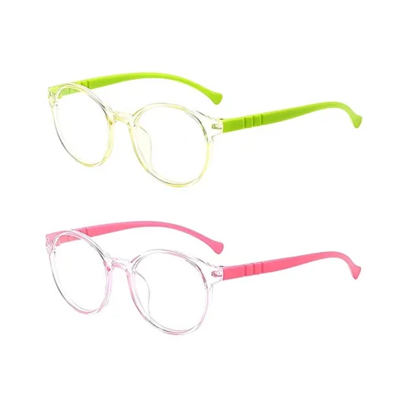 SYGA Pack of 2 Kids Anti-Blue Light Blocking Lightweight Retro Round Glasses for Age 4 to 9 Years old (Green & Pink)