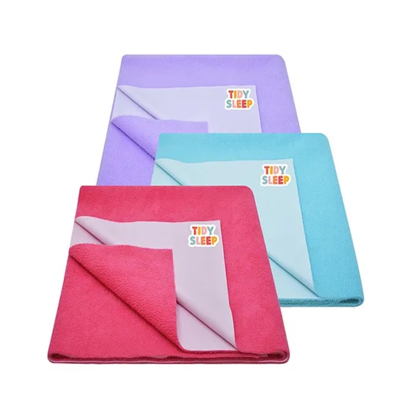 TIDY SLEEP Waterproof Baby Bed Protector Dry Sheet For New Born Babies- Babies Lilac, Baby Blue, Hot Pink Pack of 3 (Small)