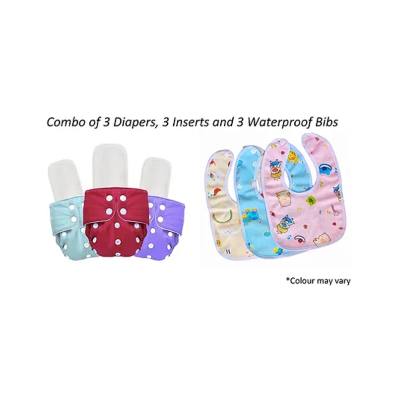 Tiny Tycoonz  Resuable and Washable Diapers with 3 Microfiber Extra Absorvent Seven Layers Inserts and 3 Waterproof Bibs Pack of 3 - Multicolour